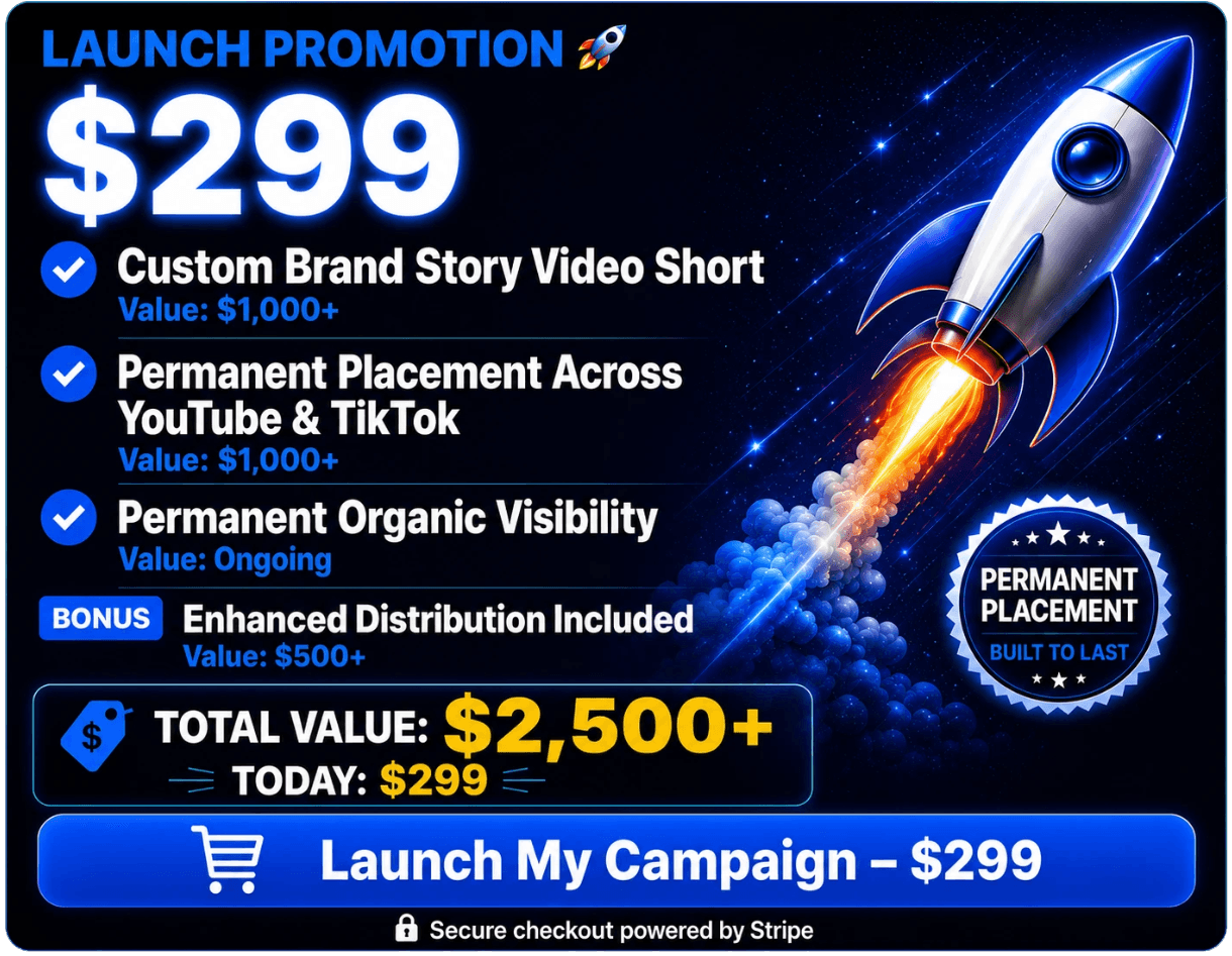 Launch Promotion — $299. Custom Brand Story Video Short, Permanent Placement across YouTube & TikTok, Permanent Organic Visibility, plus bonus Enhanced Distribution. Total value $2,500+.